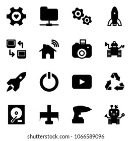Solid vector icon set - heart gear vector, network folder, gears, rocket, data exchange, wireless home, camera, robot, standby button, playback, recycling, hdd, milling cutter, drill