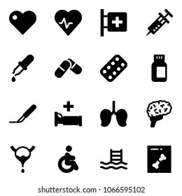 Solid vector icon set - heart vector, pulse, first aid room, syringe, pipette, pills, blister, bottle, scalpel, hospital bed, lungs, brain, bladder, disabled, pool, x ray