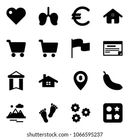 Solid vector icon set - heart vector, lungs, euro, home, cart, flag, schedule, pennant, atm map pin, banana, mountains, feet, flower, cube hole toy