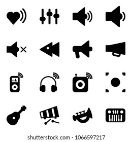 Solid vector icon set - heart beat vector, settings, volume medium, low, off, fast backward, loudspeaker, music player, wireless headphones, speaker, record button, guitar, xylophone, horn toy