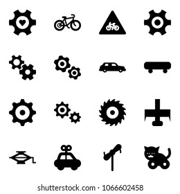 Solid vector icon set - heart gear vector, bike, road for moto sign, gears, limousine, skateboard, saw disk, milling cutter, jack, car toy, windmill, cat