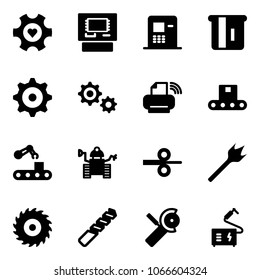Solid vector icon set - heart gear vector, atm, printer wireless, conveyor, robot, steel rolling, wood drill, saw disk, Angular grinder, welding