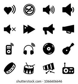 Solid vector icon set - heart beat vector, no horn road sign, volume max, low, off, fast forward, loudspeaker, music player, wireless headphones, cd, guitar, tambourine, drum, xylophone, radio