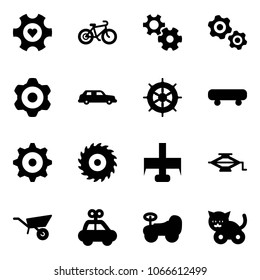 Solid vector icon set - heart gear vector, bike, gears, limousine, hand wheel, skateboard, saw disk, milling cutter, jack, wheelbarrow, car toy, baby, cat