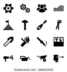 Solid vector icon set - heart gear vector, gears, group, brick wall, pyramid flag, hammer, chisel, plumber, tile drill, Angular grinder, soldering iron, tool box, dryer, oiler, wheelbarrow