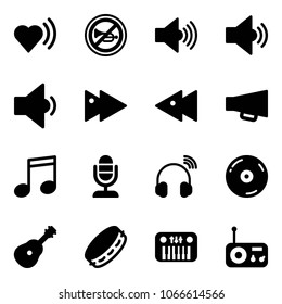 Solid vector icon set - heart beat vector, no horn road sign, volume max, medium, low, fast forward, backward, loudspeaker, music, microphone, wireless headphones, cd, guitar, tambourine, toy piano