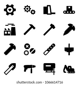 Solid vector icon set - heart gear vector, water power plant, conveyor, hammer, sledgehammer, screw, rivet, drill, crown, tile, machine, jig saw, excavator toy