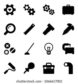 Solid vector icon set - heart gear vector, gears, case, magnifier, ruler, bolt, screw, rivet, hoe, bulb, machine tool, paint roller, oiler, box, allen key