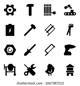 Solid vector icon set - heart gear vector, work, sun panel, conveyor, battery, sledgehammer, bucksaw, plumber, nut, clinch, metal hacksaw, drill, cocncrete mixer, wrench screwdriver, chicken toy