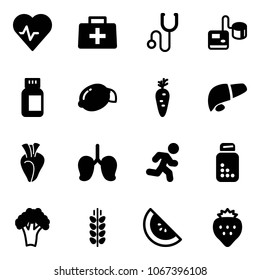 Solid vector icon set - heart pulse vector, doctor bag, stethoscope, tonometer, pills bottle, lemon, carrot, liver, lungs, run, broccoli, spica, watermelone, strawberry