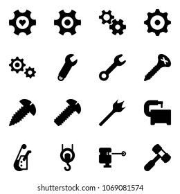Solid vector icon set - heart gear vector, wrench, screw, wood drill, machine tool, winch, laser lever, toy hammer