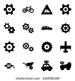 Solid vector icon set - heart gear vector, bike, road for moto sign, gears, limousine, hand wheel, saw disk, milling cutter, jack, wheelbarrow, car toy, baby