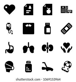 Solid vector icon set - heart vector, patient card, diet list, hospital building, drop counter, floor scales, pills bottle, medical patch, stomach, lungs, kidneys, care, mask, lawn mower, teethers