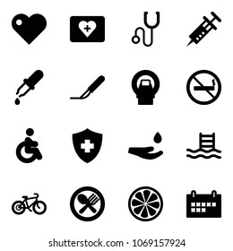 Solid vector icon set - heart vector, first aid kit, stethoscope, syringe, pipette, scalpel, mri, no smoking sign, disabled, drop hand, pool, bike, fork spoon plate, lemon slice, schedule