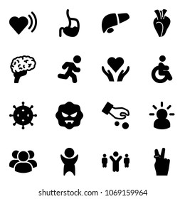 Solid vector icon set - heart beat vector, stomach, liver, brain, run, care, disabled, virus, investment, idea, group, success, team leader, victory