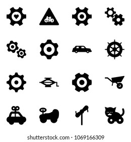 Solid vector icon set - heart gear vector, road for moto sign, gears, limousine, hand wheel, jack, wheelbarrow, car toy, baby, windmill, cat