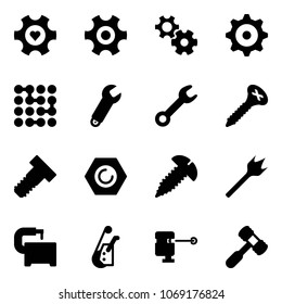 Solid vector icon set - heart gear vector, circuit, wrench, screw, bolt, nut, wood drill, machine tool, winch, laser lever, toy hammer