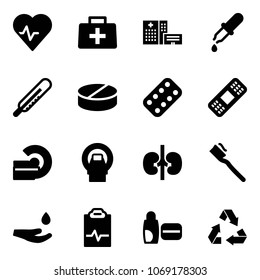 Solid vector icon set - heart pulse vector, doctor bag, hospital building, pipette, thermometer, pill, pills blister, medical patch, mri, kidneys, tooth brush, drop hand, clipboard, uv cream