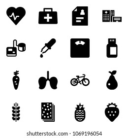 Solid vector icon set - heart pulse vector, doctor bag, patient card, hospital building, tonometer, pipette, floor scales, pills bottle, carrot, lungs, bike, pear, spica, breads, pineapple