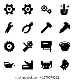Solid vector icon set - heart gear vector, casting of steel, wrench, side cutters, nail, screw, saw disk, Angular grinder, jig, protect glass, oiler, stapler, sharpening, chicken toy
