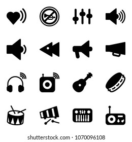 Solid vector icon set - heart beat vector, no horn road sign, settings, volume max, low, fast backward, loudspeaker, wireless headphones, speaker, guitar, tambourine, drum, xylophone, toy piano