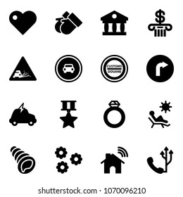 Solid vector icon set - heart vector, gloves, bank, gravel road sign, no car, customs, only right, electric, star medal, diamond ring, beach, shell, flower, wireless home, phone