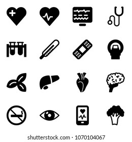 Solid vector icon set - heart vector, pulse, diagnostic monitor, stethoscope, vial, thermometer, medical patch, mri, three leafs, liver, brain, no smoking sign, eye, mobile, broccoli