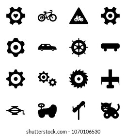 Solid vector icon set - heart gear vector, bike, road for moto sign, limousine, hand wheel, skateboard, saw disk, milling cutter, jack, baby car, toy windmill, cat