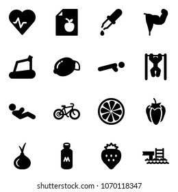 Solid vector icon set - heart pulse vector, diet list, pipette, power hand, treadmill, lemon, push ups, pull, abdominal muscles, bike, slice, sweet pepper, onion, milk, strawberry, pool