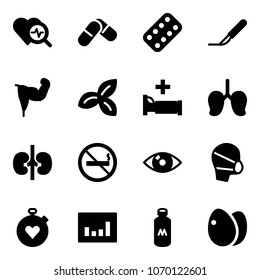 Solid vector icon set - heart diagnosis vector, pills, blister, scalpel, power hand, three leafs, hospital bed, lungs, kidneys, no smoking sign, eye, medical mask, stopwatch, statistics, milk, eggs