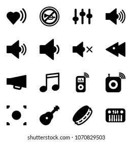 Solid vector icon set - heart beat vector, no horn road sign, settings, volume max, medium, low, off, fast backward, loudspeaker, music, player, wireless speaker, record button, guitar, tambourine