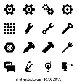Solid vector icon set - heart gear vector, circuit, wrench, screw, nut, wood drill, machine tool, winch, laser lever