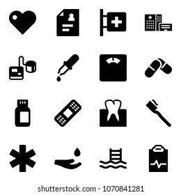 Solid vector icon set - heart vector, patient card, first aid room, hospital building, tonometer, pipette, floor scales, pills, bottle, medical patch, tooth, brush, ambulance star, drop hand, pool