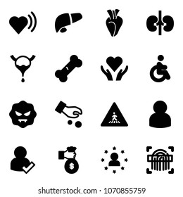 Solid vector icon set - heart beat vector, liver, kidneys, bladder, broken bone, care, disabled, virus, investment, pedestrian road sign, user, check, rich, star man, fingerprint scanner