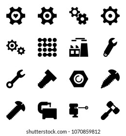 Solid vector icon set - heart gear vector, circuit, plant, wrench, bolt, nut, screw, machine tool, laser lever, toy hammer