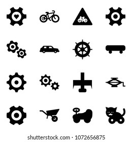 Solid vector icon set - heart gear vector, bike, road for moto sign, gears, limousine, hand wheel, skateboard, milling cutter, jack, wheelbarrow, baby car, toy cat