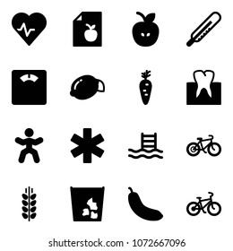 Solid vector icon set - heart pulse vector, diet list, apple, thermometer, floor scales, lemon, carrot, tooth, gymnastics, ambulance star, pool, bike, spica, garbage, banana