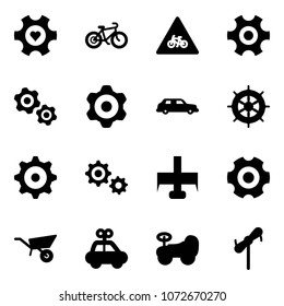Solid vector icon set - heart gear vector, bike, road for moto sign, gears, limousine, hand wheel, milling cutter, wheelbarrow, car toy, baby, windmill