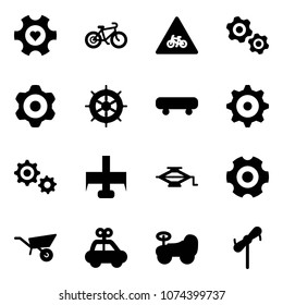 Solid vector icon set - heart gear vector, bike, road for moto sign, gears, hand wheel, skateboard, milling cutter, jack, wheelbarrow, car toy, baby, windmill