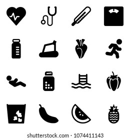 Solid vector icon set - heart pulse vector, stethoscope, thermometer, floor scales, vial, treadmill, run, abdominal muscles, pills bottle, pool, sweet pepper, garbage, banana, watermelone, pineapple