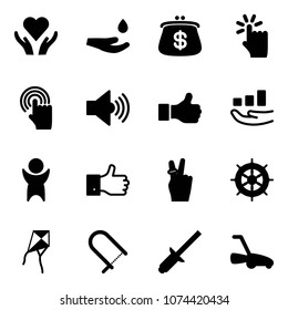 Solid vector icon set - heart care vector, drop hand, purse, touch, cursor, volume max, like, growth, success, finger up, victory, wheel, kite, fretsaw, clinch, lawn mower