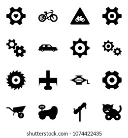 Solid vector icon set - heart gear vector, bike, road for moto sign, limousine, saw disk, milling cutter, jack, wheelbarrow, baby car, toy windmill, cat