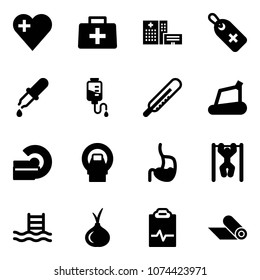 Solid vector icon set - heart vector, doctor bag, hospital building, medical label, pipette, drop counter, thermometer, treadmill, mri, stomach, pull ups, pool, onion, pulse clipboard, mat
