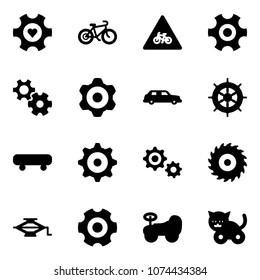 Solid vector icon set - heart gear vector, bike, road for moto sign, limousine, hand wheel, skateboard, saw disk, jack, baby car, toy cat