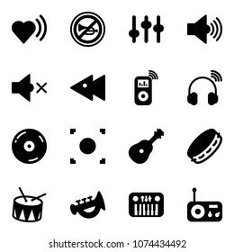Solid vector icon set - heart beat vector, no horn road sign, settings, volume max, off, fast backward, music player, wireless headphones, cd, record button, guitar, tambourine, drum, toy, piano