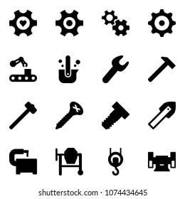 Solid vector icon set - heart gear vector, conveyor, casting of steel, wrench, hammer, sledgehammer, screw, bolt, tile drill, machine tool, cocncrete mixer, winch, sharpening