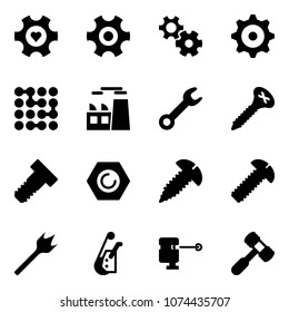 Solid vector icon set - heart gear vector, circuit, plant, wrench, screw, bolt, nut, wood drill, winch, laser lever, toy hammer