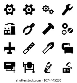 Solid Vector Icon Set - Heart Gear Vector, Wrench, Plant, Side Cutters, Screw, Rivet, Milling Cutter, Drill, Tile, Machine Tool, Jig Saw, Cocncrete Mixer, Winch, Welding