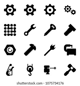 Solid vector icon set - heart gear vector, circuit, wrench, screw, bolt, nut, wood drill, machine tool, winch, laser lever, toy hammer