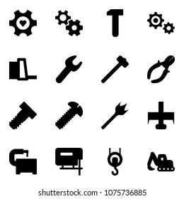 Solid vector icon set - heart gear vector, work, water power plant, wrench, sledgehammer, side cutters, bolt, screw, wood drill, milling cutter, machine tool, jig saw, winch, excavator toy